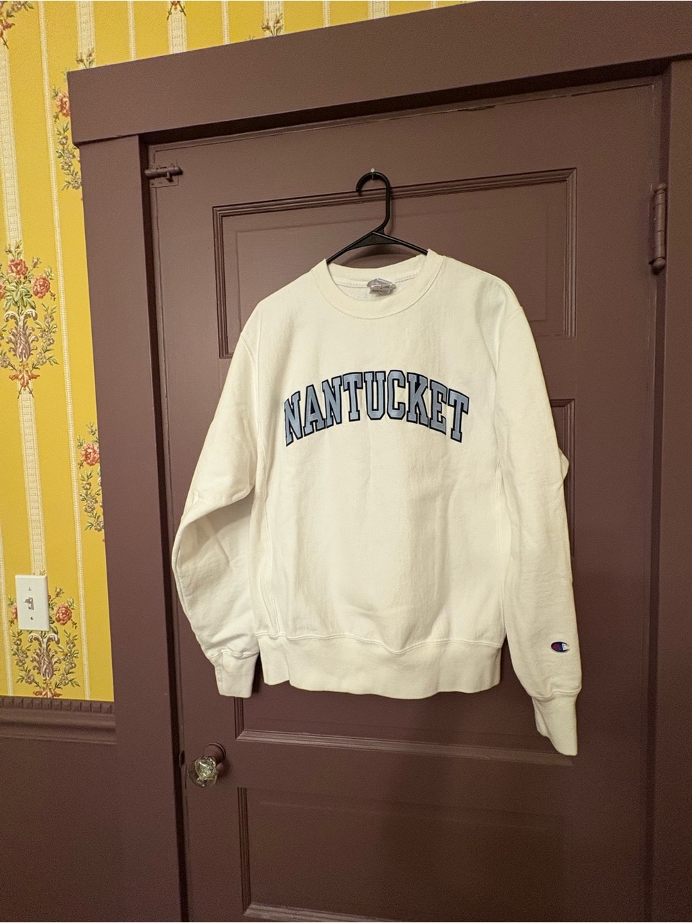 Champion ReverseWeave Nantucket Crewneck Sweatshirt - white W/blue letters MED